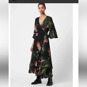 All Saints Delana Swoop Dress Size 6 Floral Black Maxi Dress